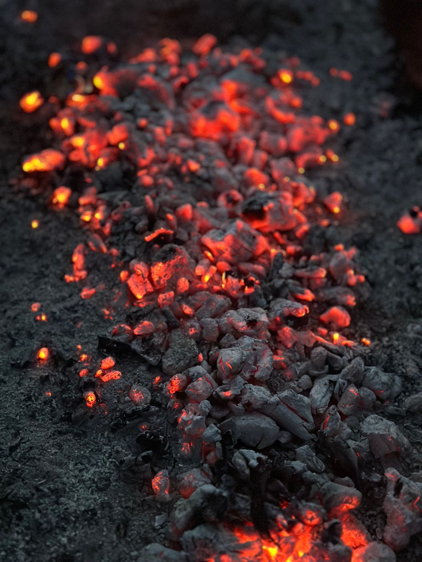 Glowing charcoal embers on the grill.